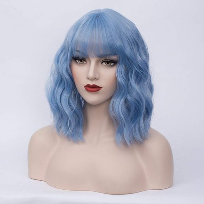 BUFASHION 14" Women Short Wavy Curly Wig Light Blue Bob Wig Cosplay Halloween Synthetic Wigs With Neat Bang Wig With Free Wig Cap (Light Blue 1)