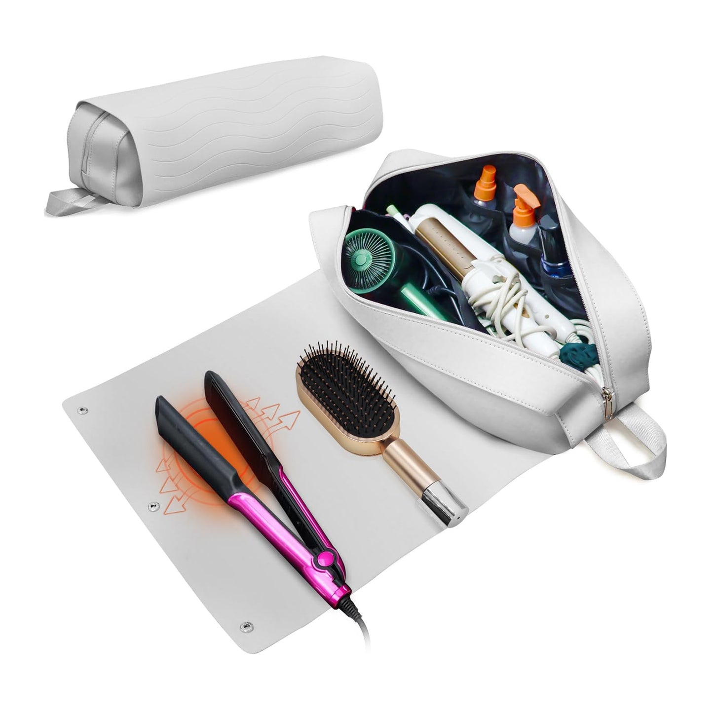 Hair Tools Travel Bag, Upgraded Large Travel Bag with Heat Resistant Mat, 2-in-1 Design Hair Tool Organizer Bag for Curling Iron, Hair Dryer, Straighteners, Skincare, Best Travel Essentials (Grey)