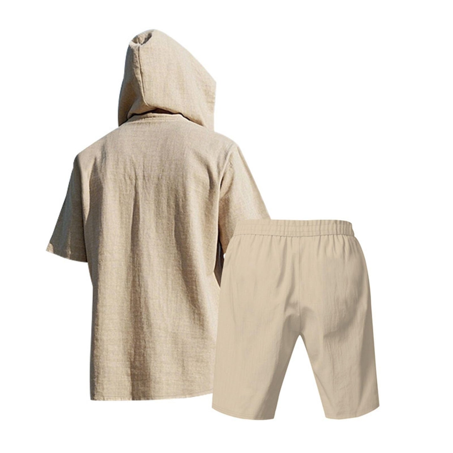 Costaric Men's 2 Piece Linen Outfits Short Sleeve Hooded Shirt and Shorts Set Casual Summer Matching Set Athletic Workout Beach Tracksuits Khaki 2XL