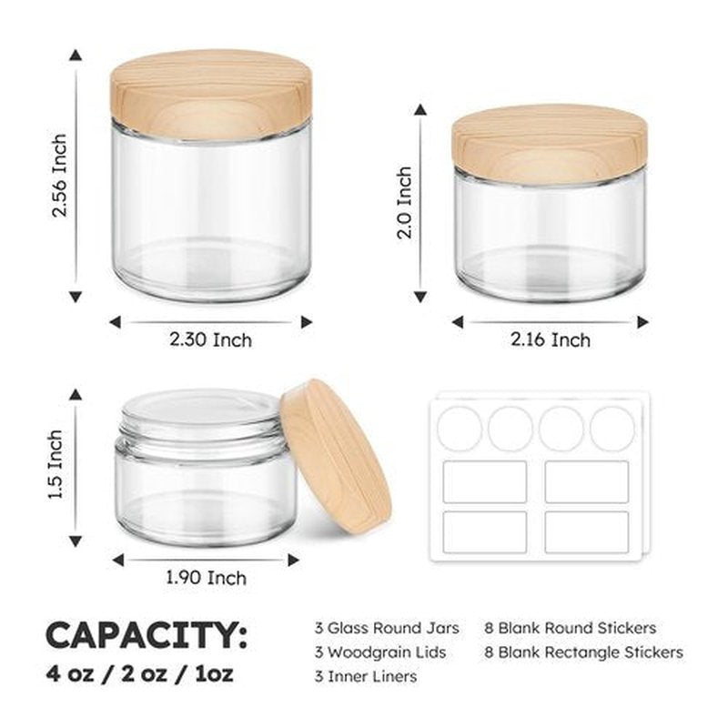 Glass Cosmetic Jars with Plastic Woodgrain Lids, 4 oz, 2 oz 1 oz Small Glass Storage Jars with Lids & Stickers, Reusable Clear Travel Containers for Creams, Lotion, Balms, Ointment 3 pack