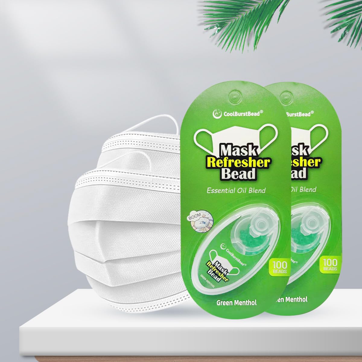 CoolBurstBead Menthol Beads for Face Mask Refresher, Long-Lasting & Strong Refreshing Fragrance, with Natural Essential Oils from Herbs and Plants (100 beads/pack), Pack of 2, Green Menthol