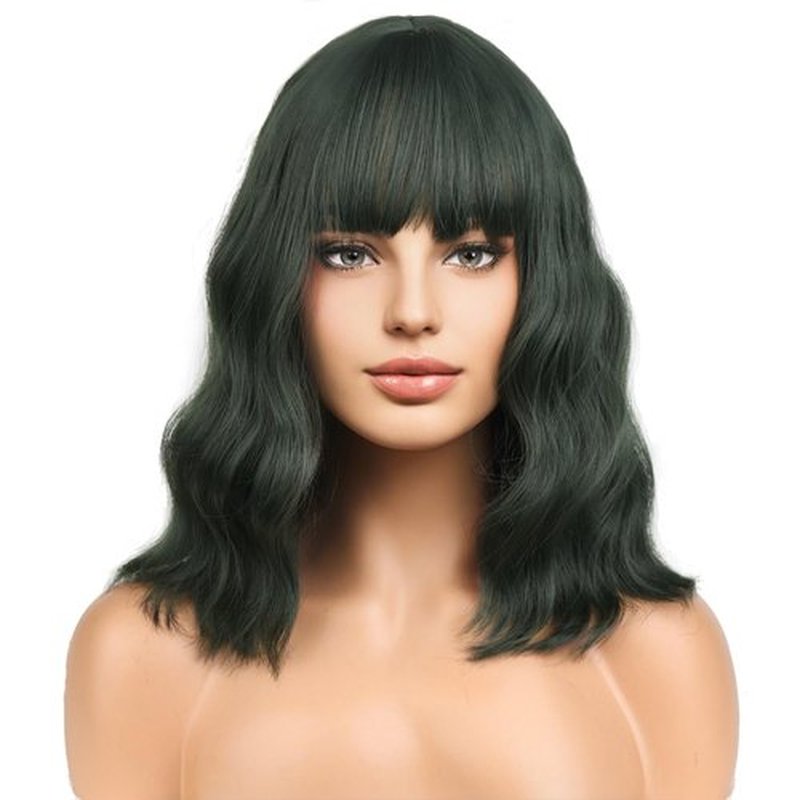 BERON 14 Inches Dark Green Wig for Women Short Curly Wig Green Wig with Bangs Loose Wavy Wig for Daily or Party