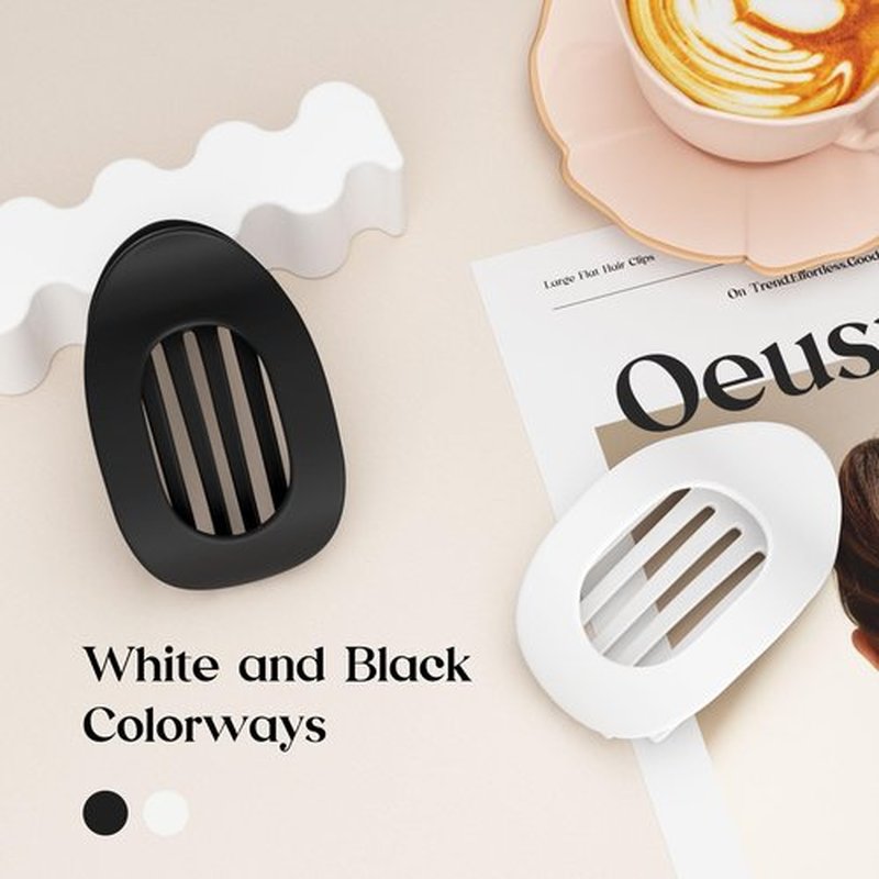 Oeusnael 2 PCS Flat Hair Clips, French Round Lay Down Claw Clips for Women Girls, Matte Non-slip Strong Hold Hair Clips for Thick Thin Curly Hair, Comfortable Curved Flat Hair Clips, White & Black