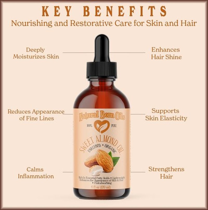 Natural Born Oils Sweet Almond Oil, 8oz, Organic, Cold-Pressed, Rich in Fatty Acids, Ideal for Moisturizing Skin, Strengthening Hair