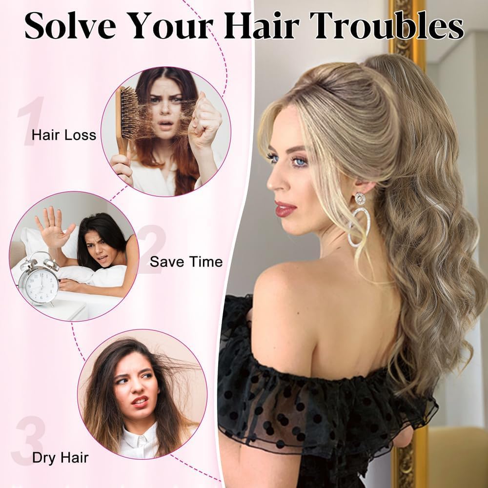 ALXNAN Ponytail Extension,Drawstring Ponytail Hair Extensions Brown with Blonde Highlights Long Wave Ponytail for Women