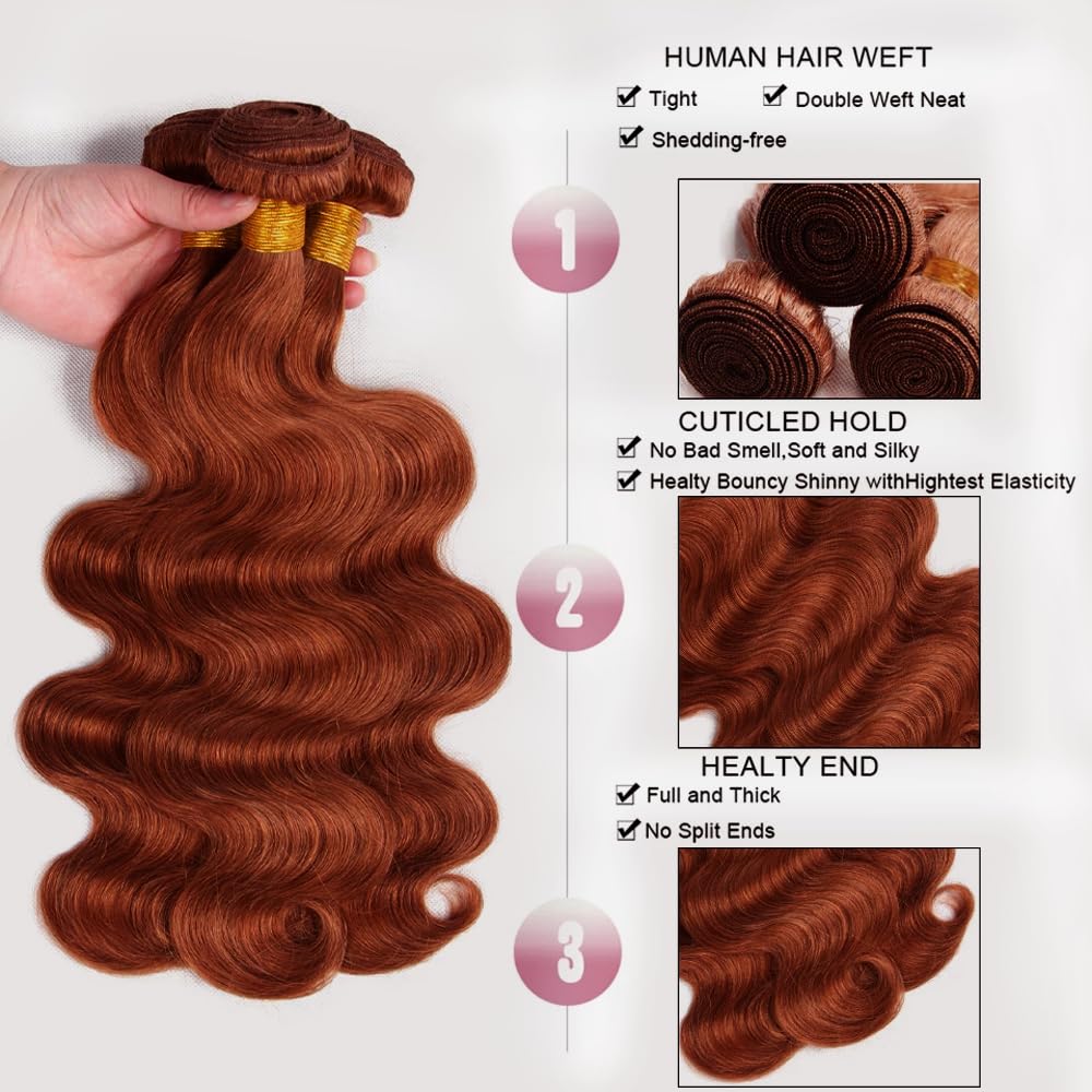 Reddish Brown Bundles Color #33 Bundles Human Hair 30 32 34 Inch 8A Grade Peruvian Virgin Hair 3 Bundles Color #33 Body Wave Bundles Human Hair Auburn Bundles Copper Red Human Hair Weave