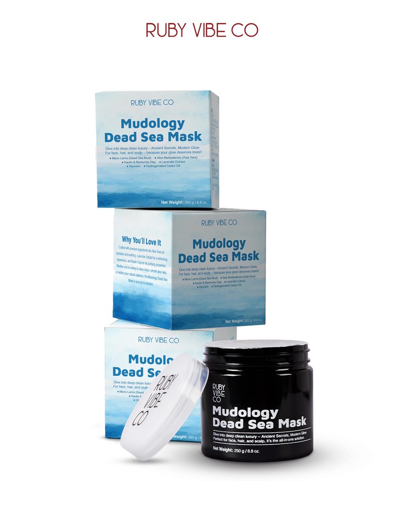 RUBY VIBE CO Mudology Dead Sea Mud Mask, Clay Mask for Face, Body & Hair, Deep Pore Cleansing, Detox & Oil Control for Smooth, Radiant Skin, 250g/8.8oz
