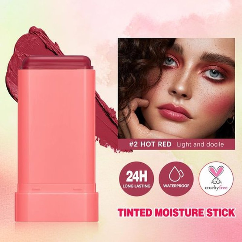 Multi-Purpose Makeup Blush Stick, 3-in-1 Beauty Tinted Solid Blush Stick For Cheeks, Lips And Eyes With Long-Lasting Moisturizing Formula, Waterproof Natural Cream Blush Stick (2#Hot Red)