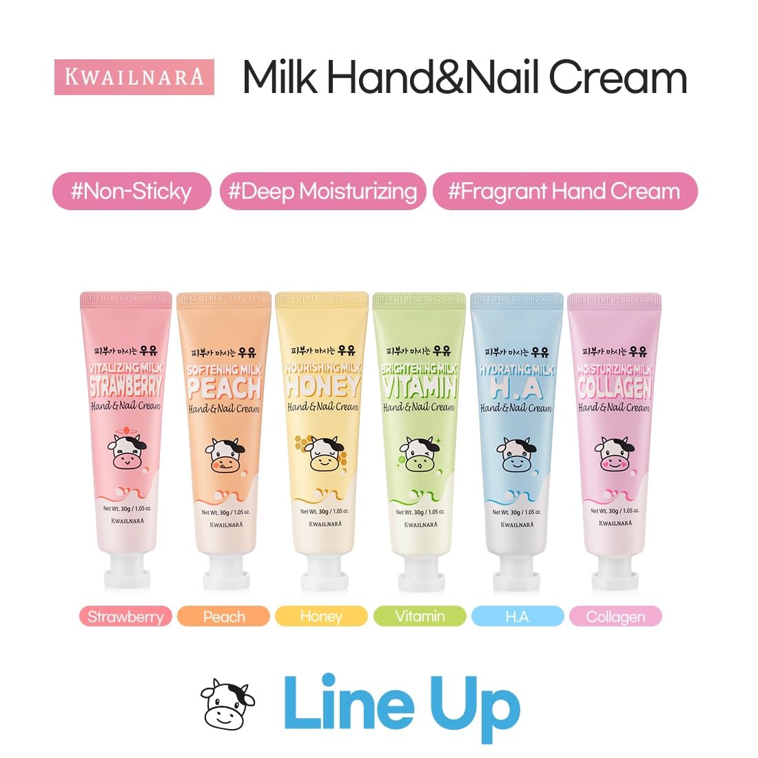 KWAILNARA Milk Hand & Nail Cream Gift Set (Set of 6) – Korean Hand Cream Variety Pack | Strawberry, Peach, Honey, Vitamin, Hyaluronic & Collagen | Deeply Nourishing K-Beauty Gift