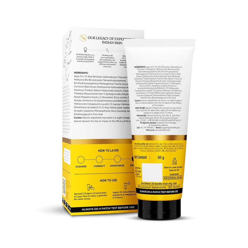 Dr. Sheth's Haldi & Hyaluronic Acid Sunscreen with 1% Hyaluronic Acid Spf 50+ Pa+++ Protects Against UVA/B & Blue Light Hydrating & Brightening For Men & Women For All Skin Type 50 g
