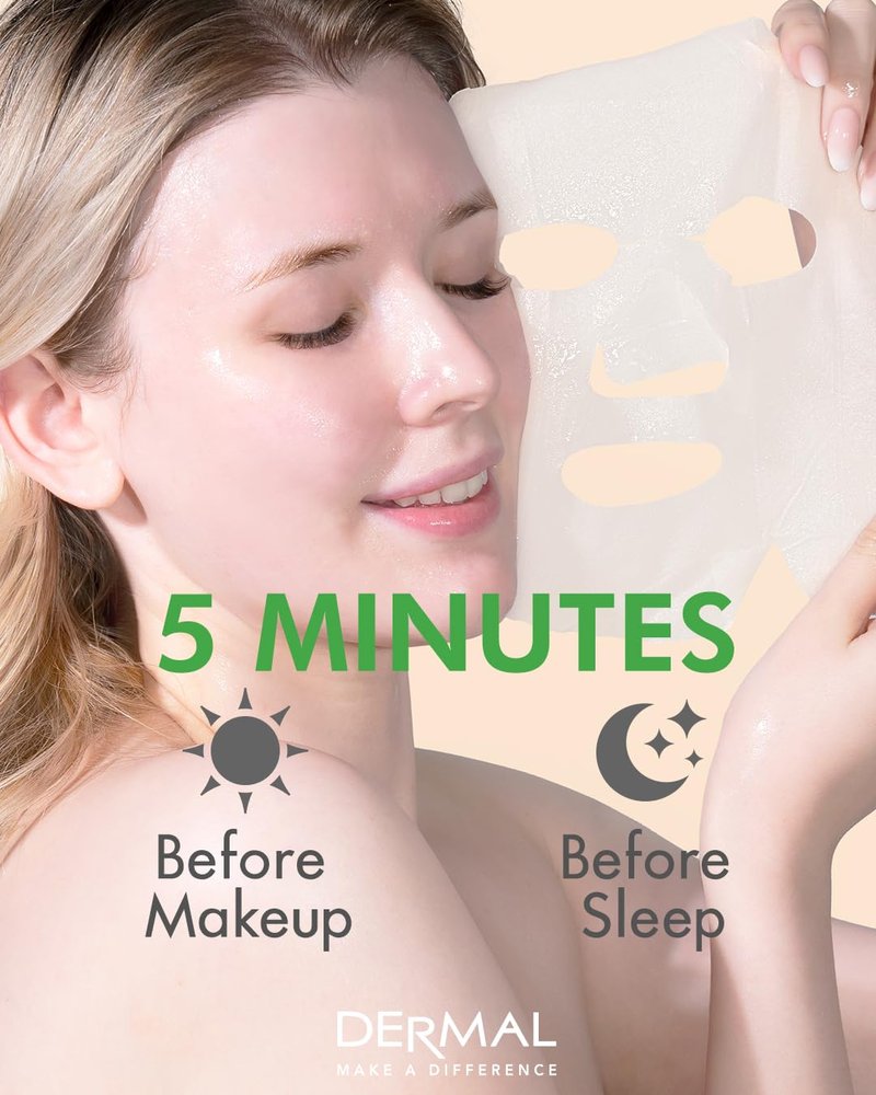 DERMAL Herb Collagen Essence Facial Mask Sheet 23g Pack of 10 - Skin Clear and Purifying, Pore Tightening, Calming for Oily Skin, Daily Skin Treatment Solution Sheet Mask