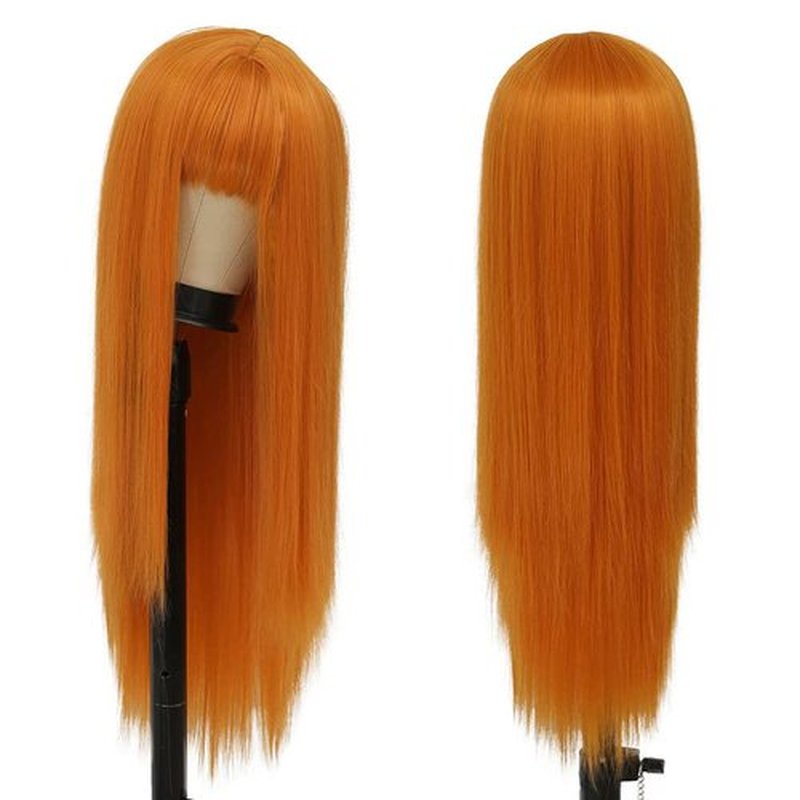 Kaneles Orange Long Straight Wigs for Women with Bangs Heat Resistant Synthetic Fiber Hair Cosplay Party Wigs