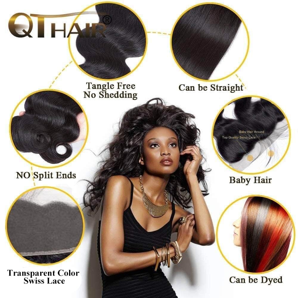 QTHAIR 14A Human Hair Bundles with Transparent Hd Lace Frontal (14 16 18+14) Body Wave Bundles with Lace Closure Brazilian Human Hair Weave Bundles with 13x4 Frontal Virgin Hair Weft 150% Density