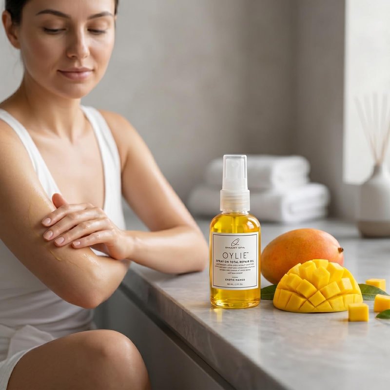 QTICA Oylie Spray On Total Repair Body Oil | Lightweight Spray Oil with Natural Jojoba & Argan Oil for Instant Moisture, Smooth Finish Deep Hydration for Soft Supple Looking Skin 2oz (Exotic Mango)