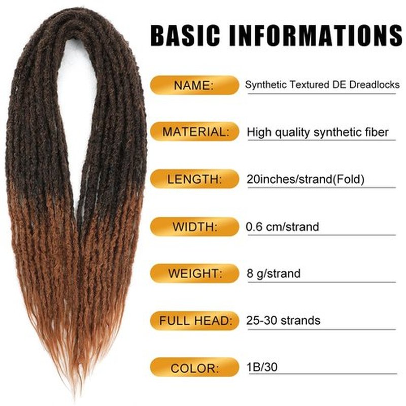 Aguacor Synthetic Textured Dreadlocks Straight Double Ended Dreadlock Extensions with Texture 20inches 25 Strands Thin Soft DE Dreadlock Extensions for Women (25 Strands, 1B/30)