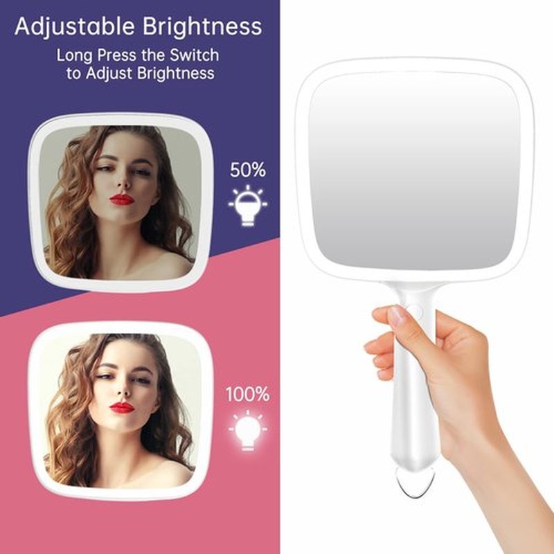 Lighted Handheld Mirror with 3 Light Color and Dimmable, 6.2'' X 5.9'' Makeup Mirror, Wide Viewing Angle, Lightweight & Durable, 4 AAA Battery, Versatile & Hangable for Makeup Application (White)