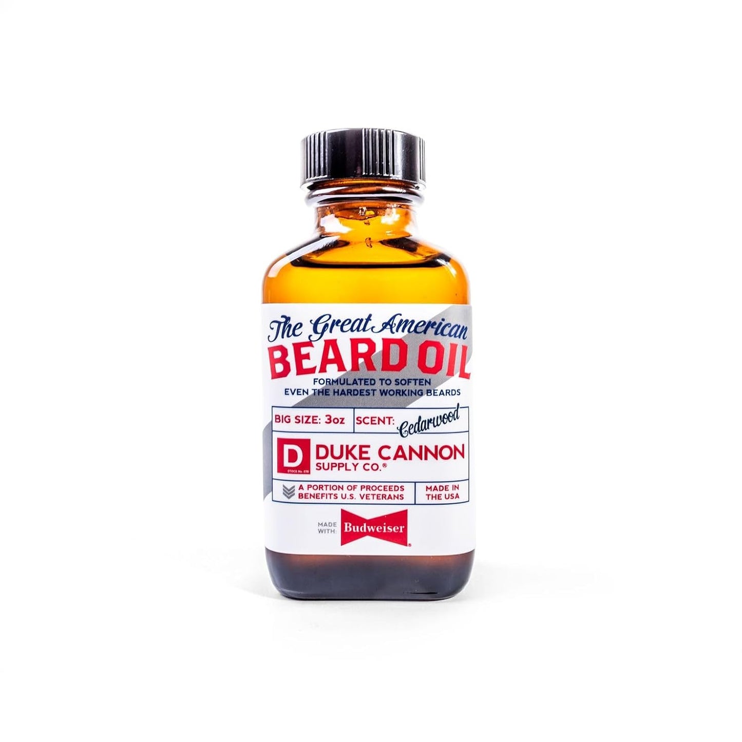 Duke Cannon Great American Beard Oil with Budweiser - Natural Conditioning with Apricot Kernel Oils, Warm Cedarwood Scent, 3 oz.