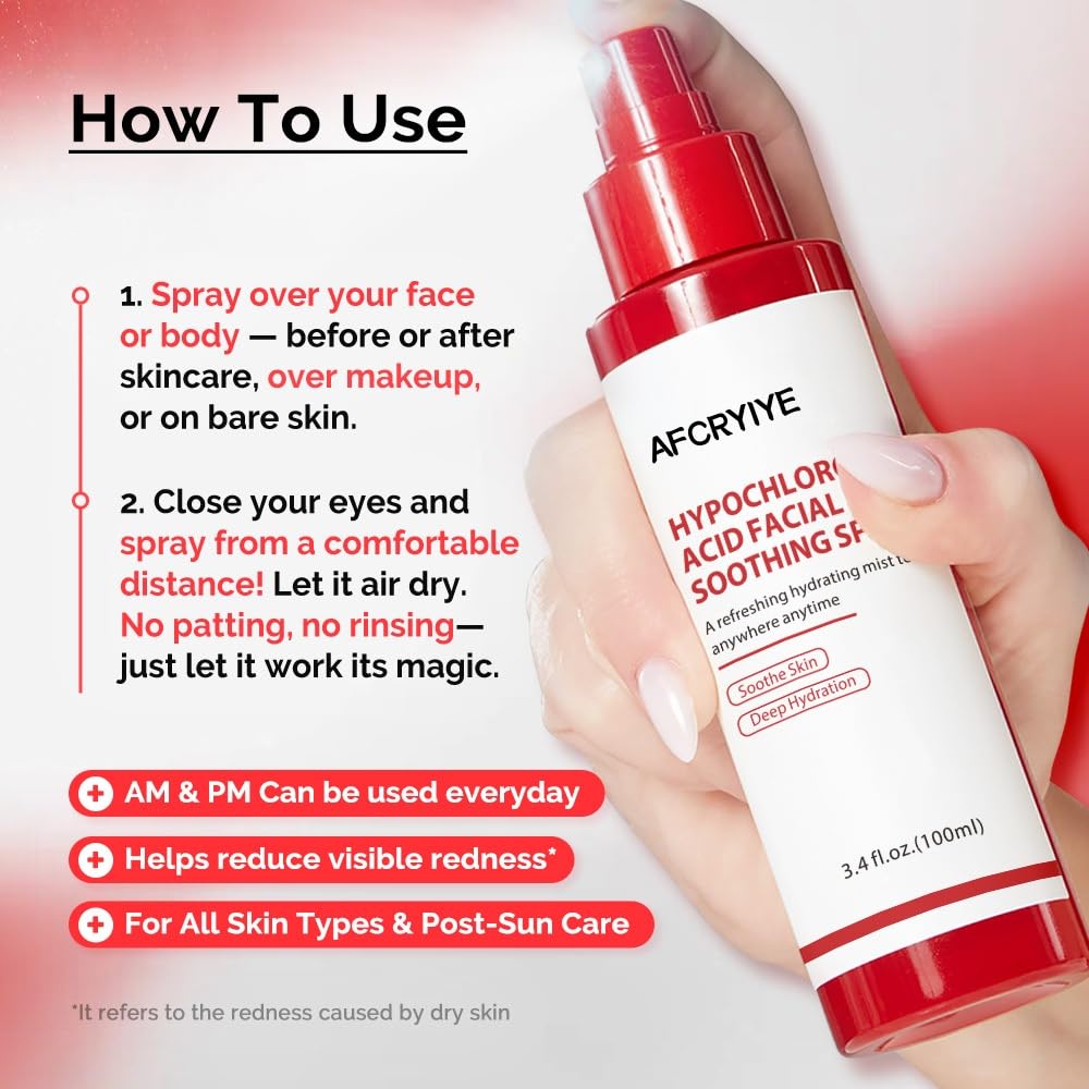 AFCRYIYE Hypochlorous Acid Facial Spray - Soothing Calming Mist for Sensitive, Delicate & Acne-Prone Skin | Daily Use, Post-Sun Care, Korean Skincare Formula | 3.4 Fl Oz