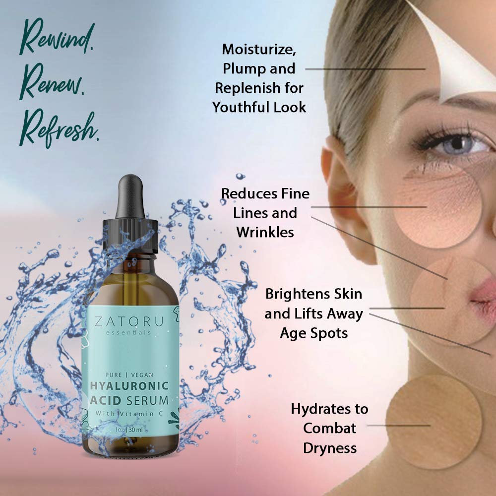 Zatoru Hyaluronic Acid Serum with Vitamin C for Face and Skin - 100% Pure Organic Vegan Anti-aging Moisturizer Skin Care for Women and Men - Hydrates Brightens Protects - Clinical Pro Formula - 1 oz