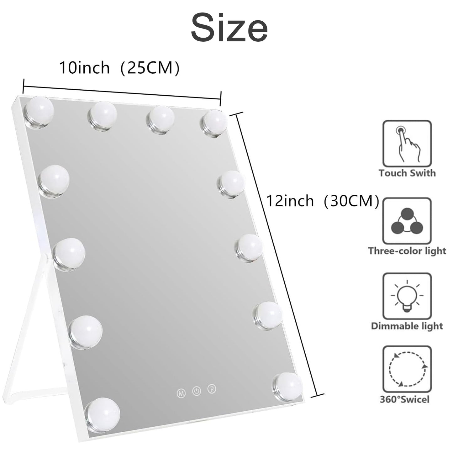 Nacvmry 10"x 12" Vanity Mirror with Lights, Hollywood Lighted Makeup Mirror with 3 Color Modes and 12 Dimmable Diamond LED Light Bulbs, Touch Control for Bedroom, White