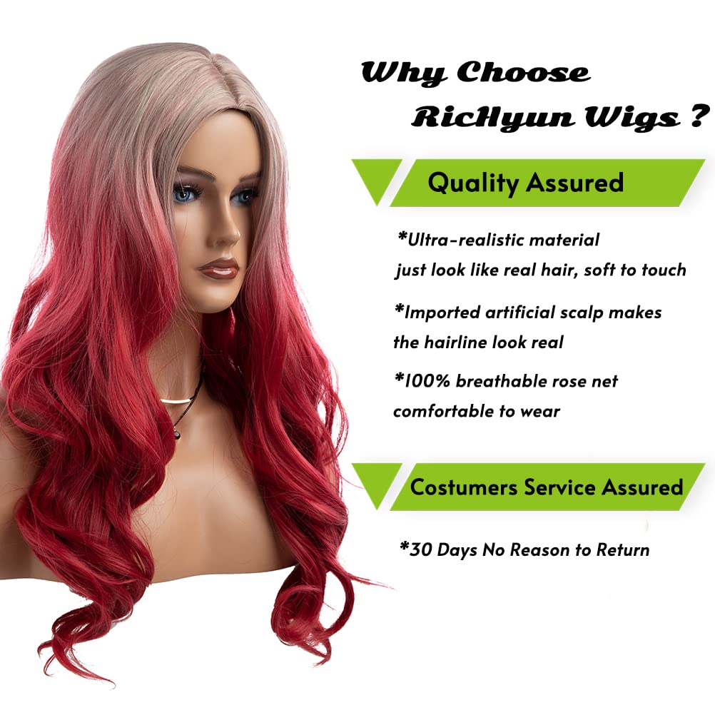 Beweig Long Curly Wavy Silver Grey to Red Wig Middle Part Natural Looking Synthetic Cosplay Wig for Women