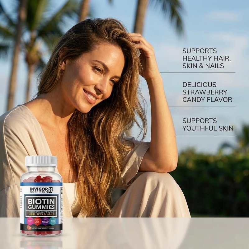 INVIGOR8 Biotin Gummies 10000mcg | Hair Skin Nails Vitamins Biotin Supplement for Women Men & Kids 5000mcg x2 | Vegan Kosher Halal | Strawberry Flavor | 60