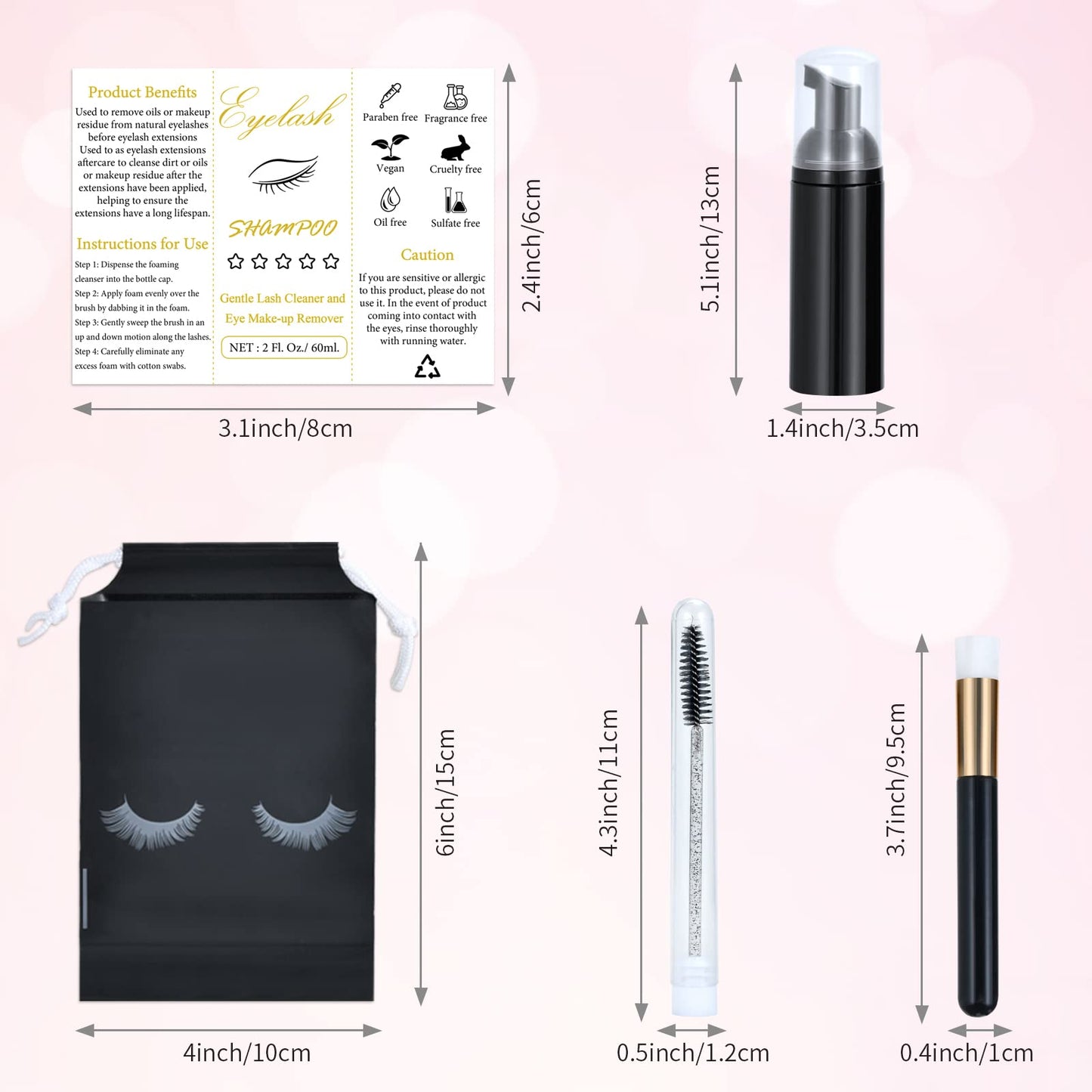 Tannova 100 Pcs Lash Shampoo Bottle Brushes Set 20 Empty Foam Pump Dispensers 20 Label Stickers 20 Mascara Wands and Tubes 20 Cleansing Brush 20 Bag for Eyelash Extensions Aftercare(Black)