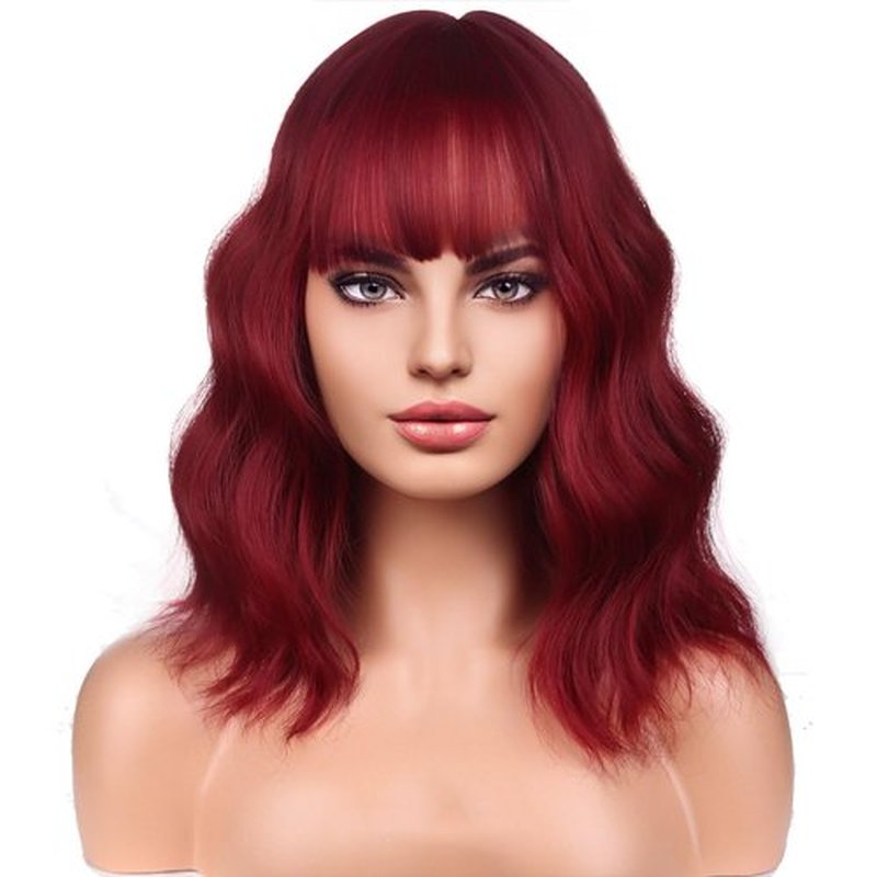 BERON 14 Inches Red Wig Short Curly Wig Wine Red Wigs with Bangs for Women Girl's Synthetic Wig with Wig Cap