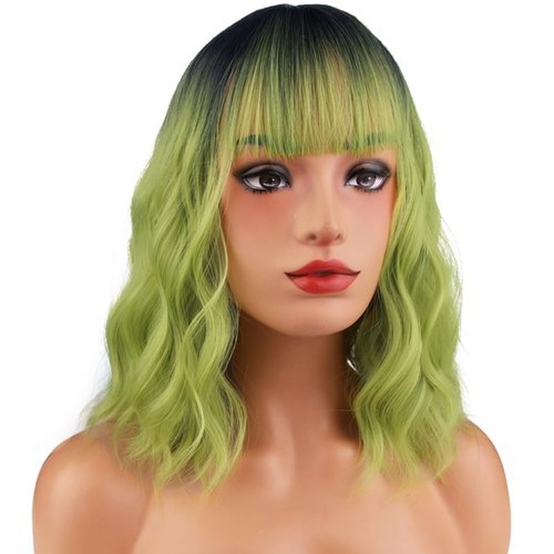 MAGQOO Green Wig for Women Girls Matcha Green Wig Short Curly Wavy Ombre Green Wig with Bangs Synthetic Heat Resistant Halloween Cosplay Costume