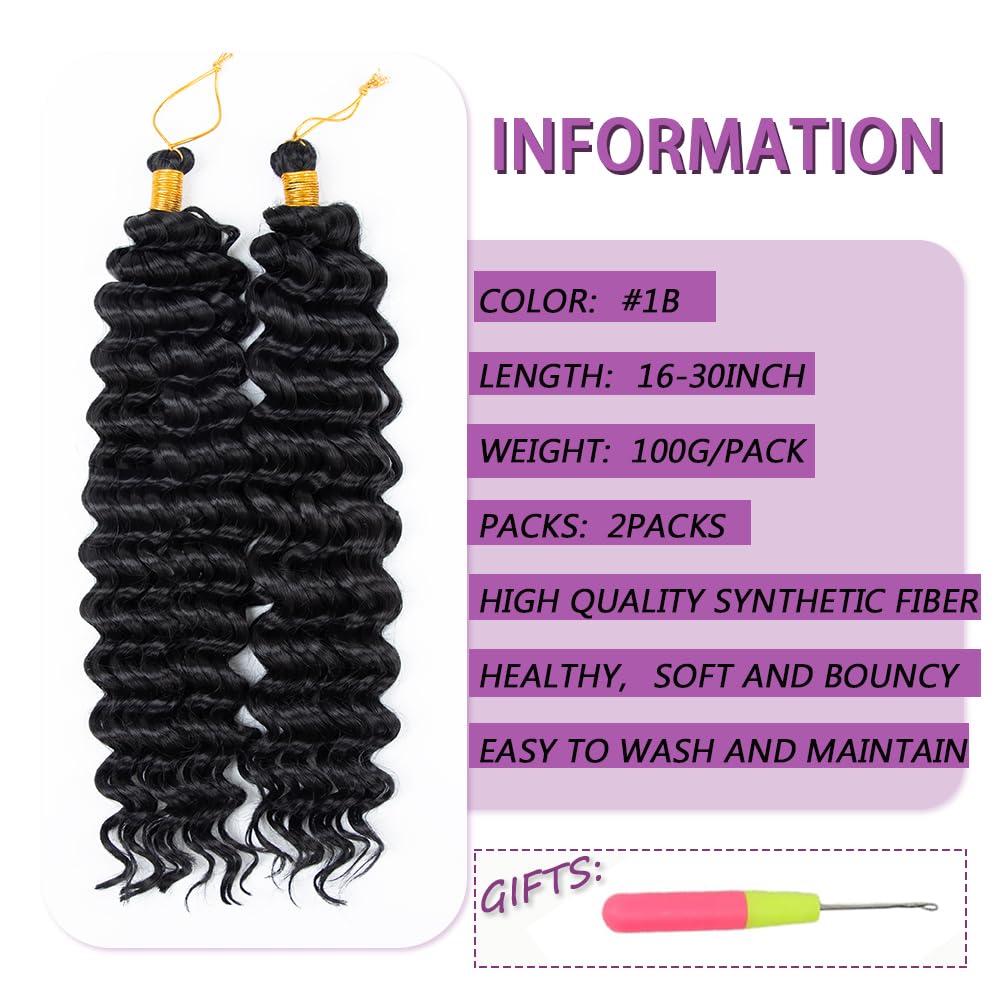 Deep Wave Crochet Hair 30 Inch 2 Packs Ocean Wave Curly Crochet Hair For Black Women Deep Wave Braiding Hair Extensions For For Boho Box Braids (1B, 30inch, 2pack)