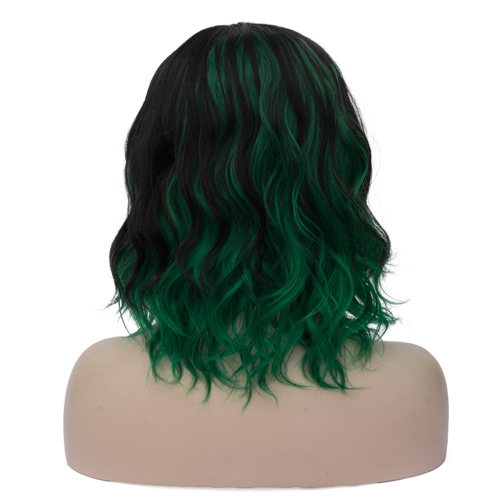 BERON Black and Green Wigs Women Short Curly Wavy Wig Girls Mixed Color Shoulder Length Side Part Halloween Cosplay Party or Daily Used Wig