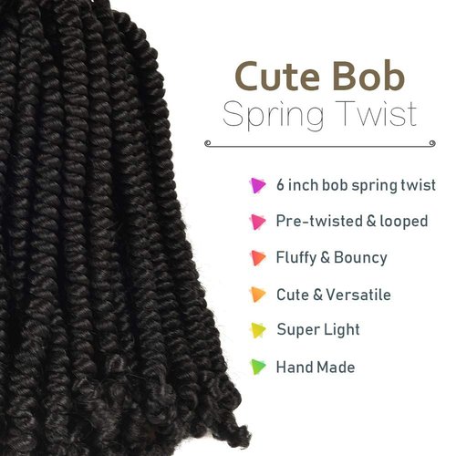 Niseyo Pre twisted Bob Spring Twist Hair 6 Inch 7 Packs Short Pre-looped Crochet Braid (1B/Natural Black)