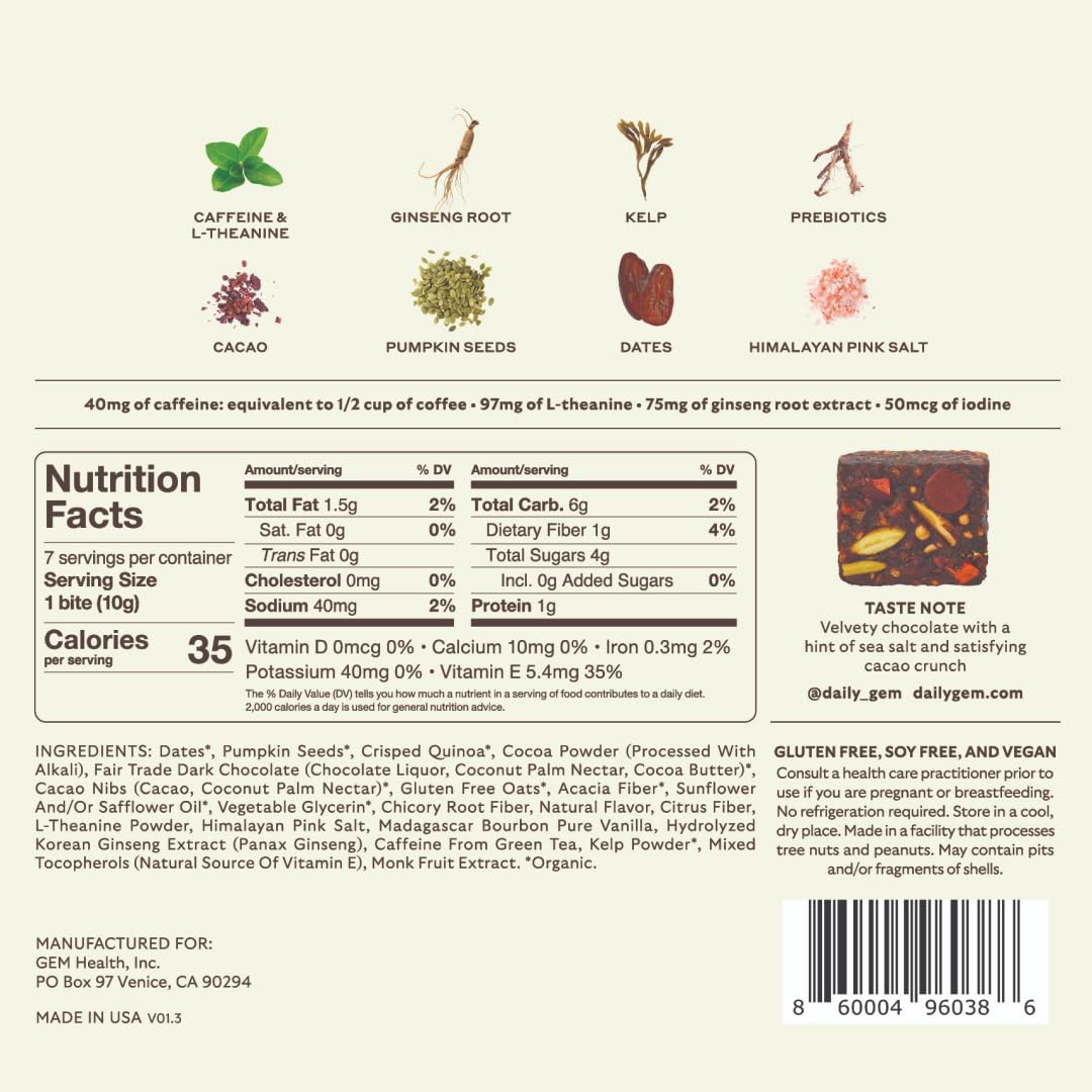 GEM Energy Caffeinated Chocolate Bite, 40mg Caffeine, Ginseng Root, L-Theanine, Holistic Sustained Energy, Supports Metabolism, Stamina & Endurance | Chocolate Cacao Sea Salt | 28 Servings