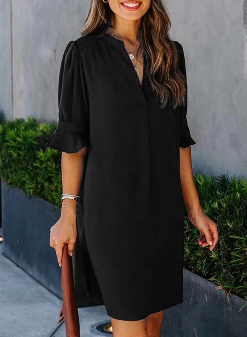 Wkior Summer Dress for Women Short Sleeve Solid Color Loose Casual Elegant Dress Black S