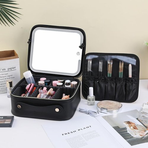 JXAUDEKK Large Capacity Travel Makeup Train Case with LED Mirror,Rechargeable LED Light for Makeup Cosmetic Case with Brushes Storage Organizer,Travel Box Cosmetic Bag for Women (Pu Leather Black)