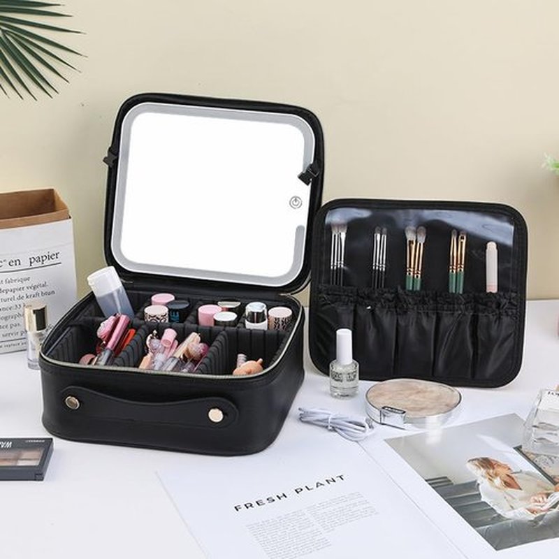 JXAUDEKK Large Capacity Travel Makeup Train Case with LED Mirror,Rechargeable LED Light for Makeup Cosmetic Case with Brushes Storage Organizer,Travel Box Cosmetic Bag for Women (Pu Leather Black)