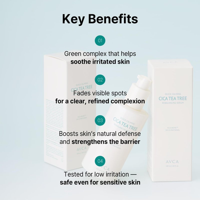 AVCA Quick Calming Cica Tea Tree Serum 100ml(3.38 fl. oz) – Niacinamide & Panthenol, Soothing for Redness and Blemish-Prone Sensitive Skin, Oil-Balancing K-Beauty