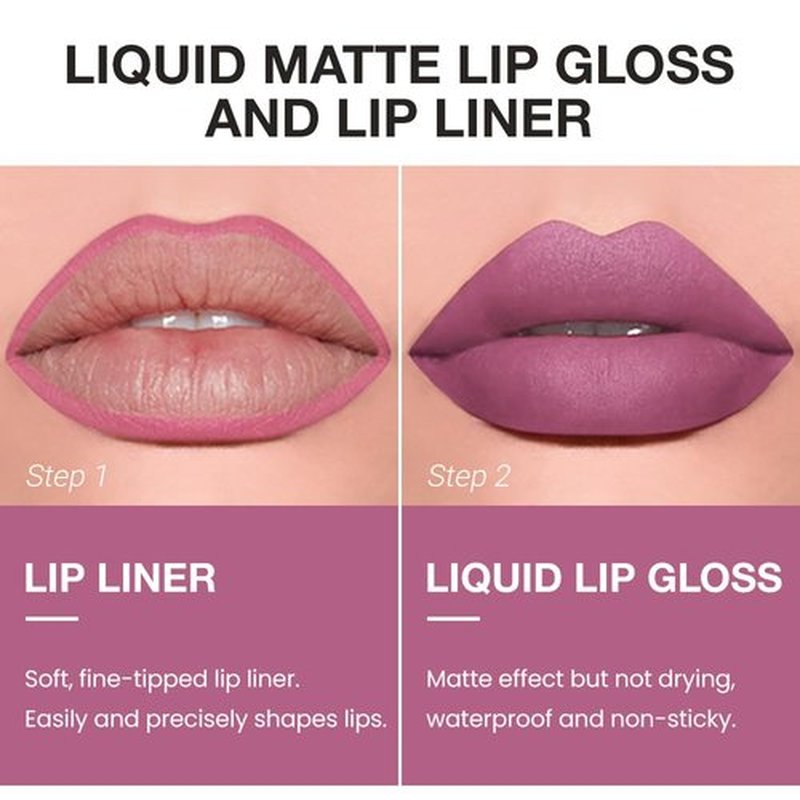 JUAAZIN 2pcs Tulip Pink Matte Lip Liner and Lipstick Makeup Set, Vegan Lipstick Lip Liner and Gloss Set Lip Stain Long Lasting Waterproof Smudge-Proof Properties Non-stick Cup(Tulip Pink 09#)