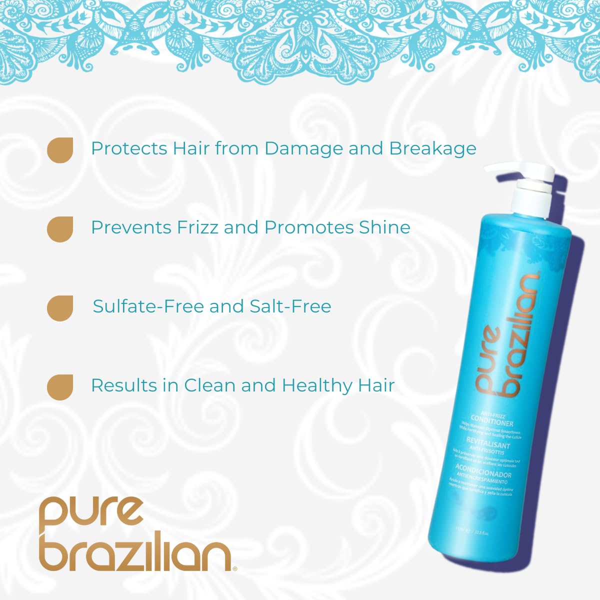 Pure Brazilian Anti-Frizz Daily Conditioner with Keratin & Acai, Smoothing & Strengthening for Shinier, Frizz-Free Hair, 13.5 Oz