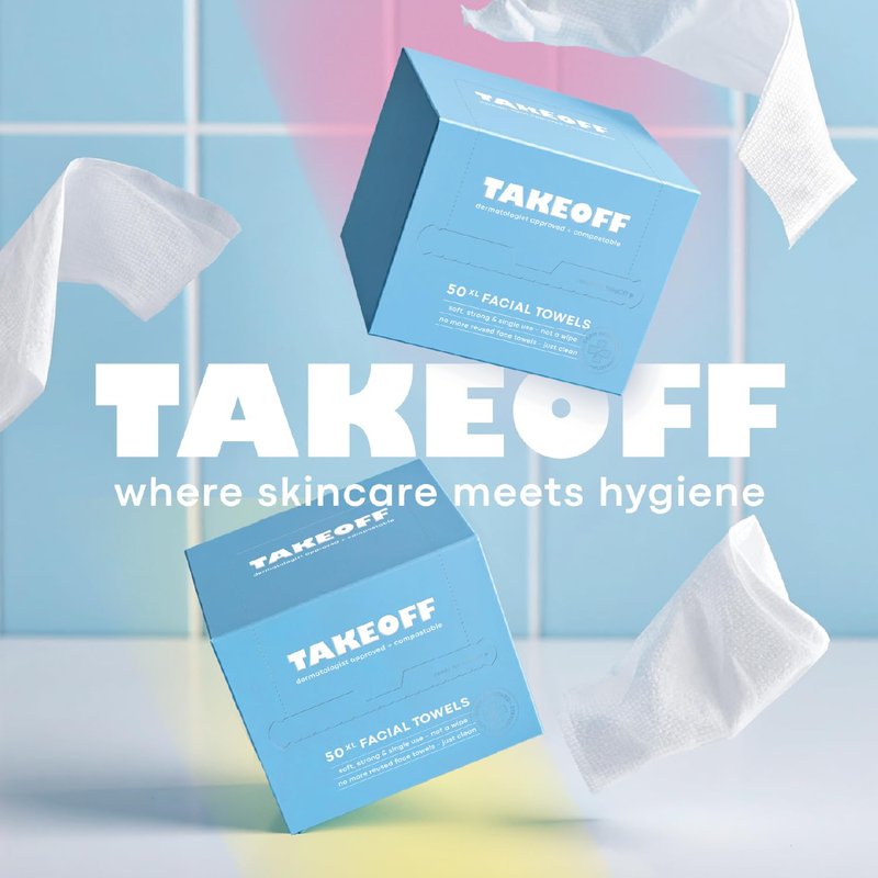 Takeoff Face Towels, 10"×12" XL Face Disposable + Compostable, Ultra Soft Makeup Remover Dry Wipes, Thick Face Towel w/Dual Texture For All Skin Types incl. Sensitive, 50 Count x 2 Pack (100 total)