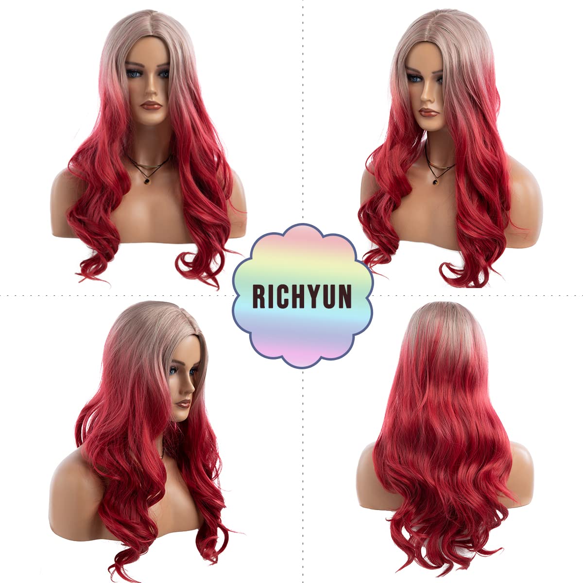 Beweig Long Curly Wavy Silver Grey to Red Wig Middle Part Natural Looking Synthetic Cosplay Wig for Women