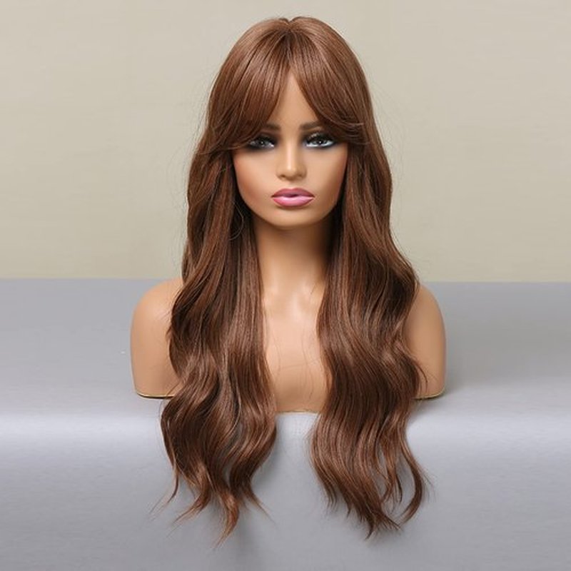 BERON Brown Wigs Long Wavy Women Wigs with Bangs Light Brown Curly Heat Resistant Synthetic Wigs for Daily Wigs Wig Cap Included