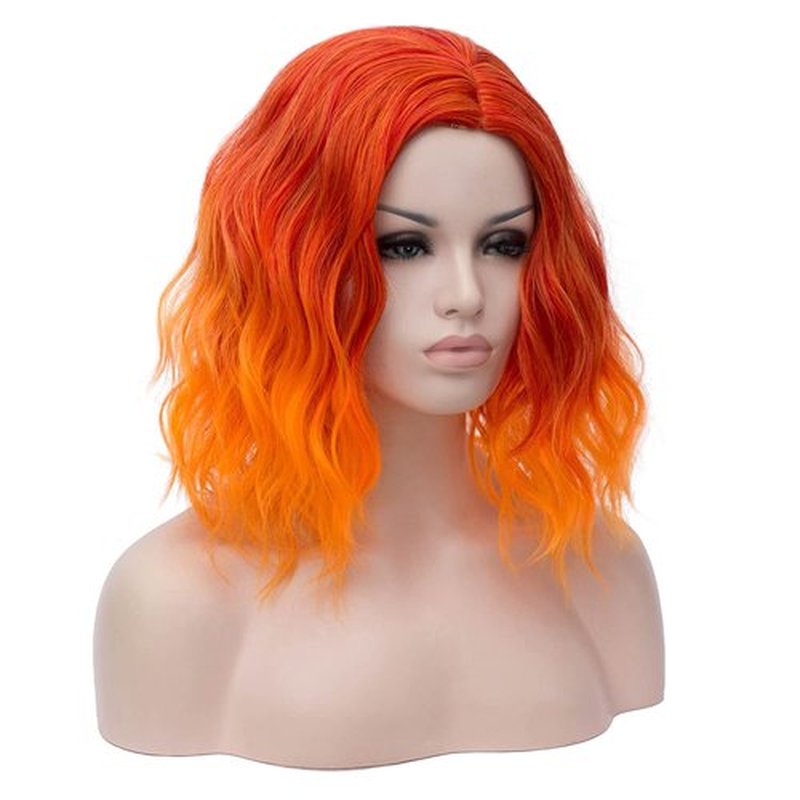 MAGQOO Orange Wig Flame Fire Wig Side Part Neon Orange Wig Women Girls Short Curly Wavy Orange Ombre Wigs Synthetic Cosplay Costume Wigs