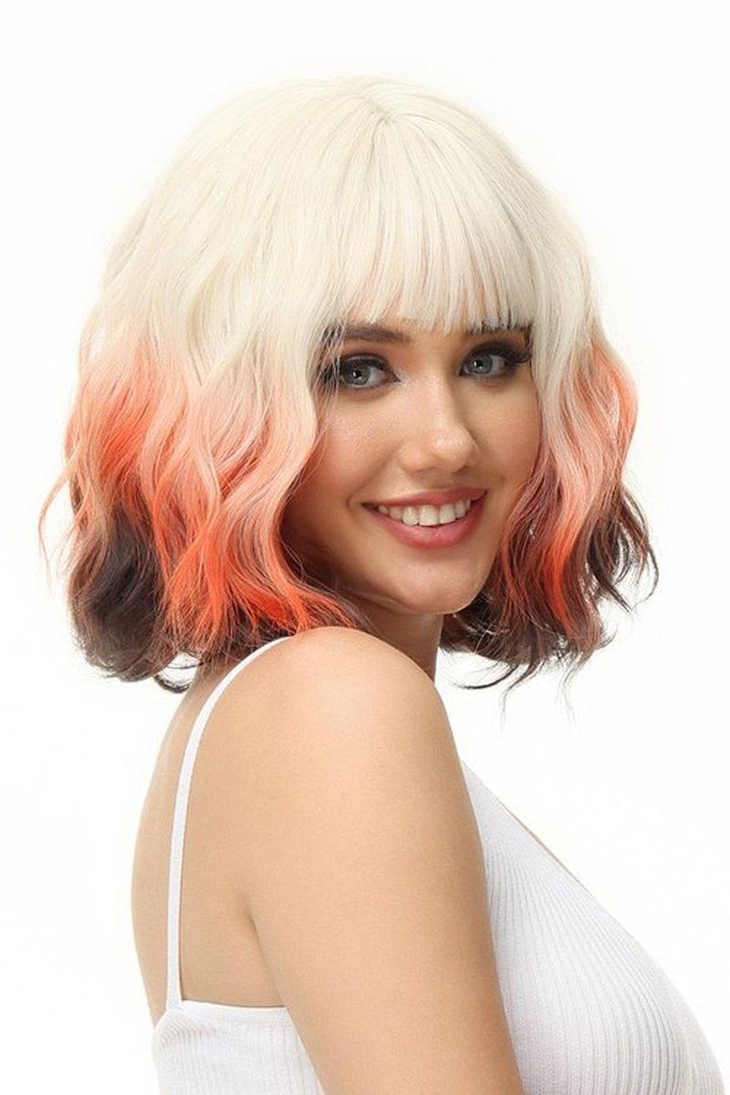 Rose bud Wavy Bob Wig with Bangs Natural Foxy Color Wig Synthetic Hair Shoulder Length Short Curly Wigs for Women