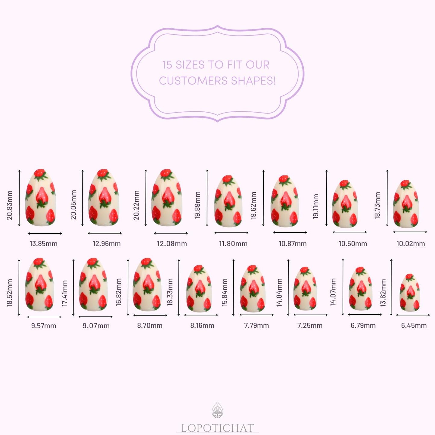 Lopotichat Ultra-Resistant Gel Press-On Nails Set - 30 Nails in 15 Sizes for Perfect & Natural Fit - Reusable Manicure for DIY Salon-Quality Nails at Home (Strawberries)