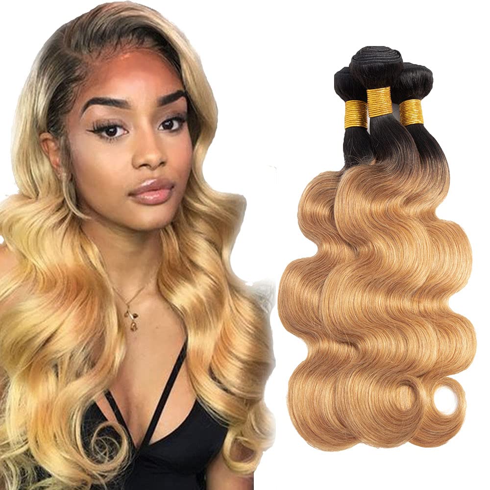 1B/27 Human Hair Bundles Ombre Body Wave Human Hair Bundles Brazilian Unprocessed Virgin Hair 3 Bundles 16 18 20 Inch Two Tone Black and Honey Blonde Bundles Ombre Bundles Hair Weave