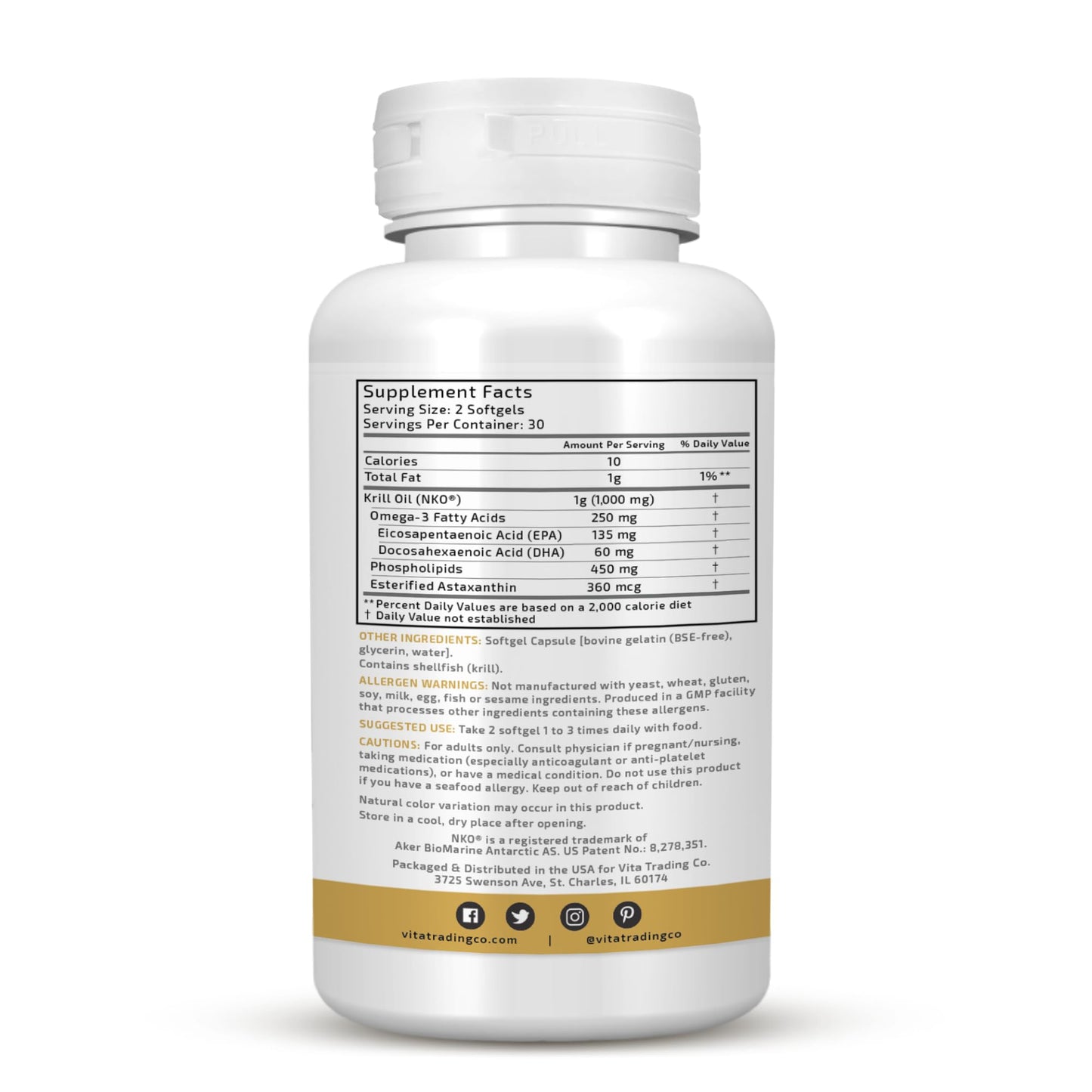 VTC VitaTradingCo. Krill Omega-3 Oil Supplement | 100mg Pure Antarctic Neptune Krill Oil (NKO) | EPA & DHA Astaxanthin | Brain, Heart, Joint & Eye Support | 60 Softgels