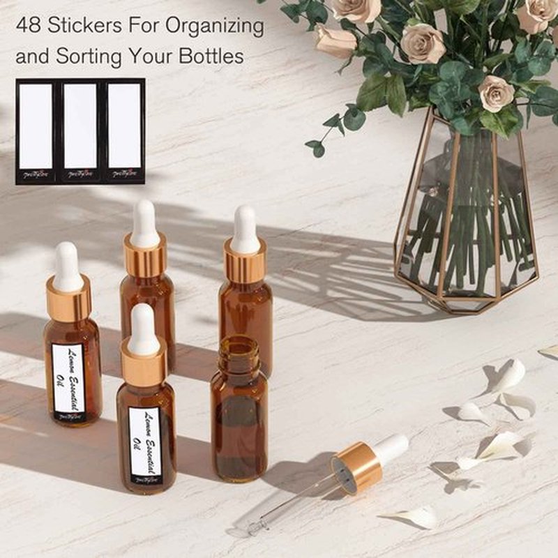 PrettyCare 15 ml Eye Dropper Bottle (24 Pack Amber Glass Bottles 0.5 oz with Golden Caps,2 Extra Measured Pipettes, 48 Labels, 2 Funnels) Empty Tincture Bottles for Essential Oils