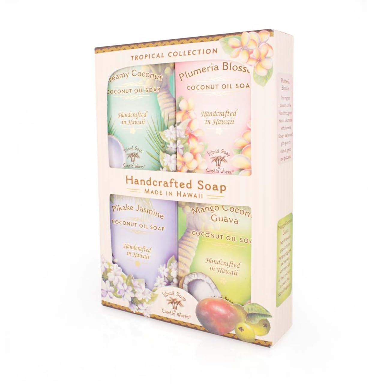 Island Soap & Candle Works Scented Coconut Soap Sample Pack, Four 2oz. Bars, Creamy Coconut, Plumeria, Pikake, Mango Coconut Guava