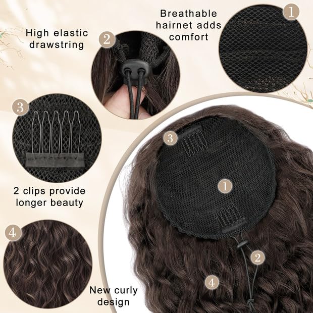 SHNMIN Ponytail Extension, Curly Drawstring Ponytail Extension for Women 18 Inch Curly Wavy Ponytail Yaki Textured Natural Fluffy Synthetic Hairpiece for Daily Use